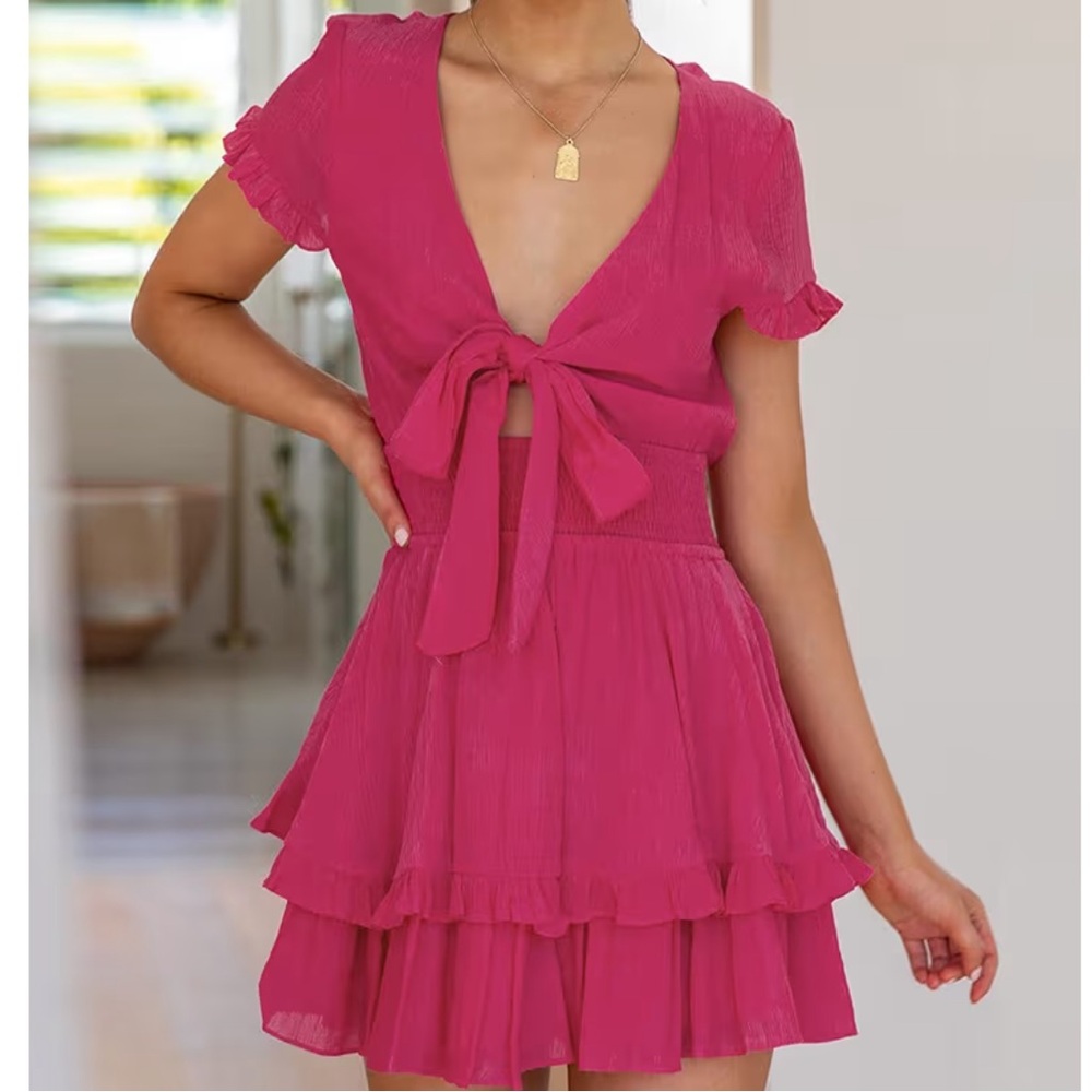 Miduo DEEP PINK V-NECK TIE FRONT SMOCKED WAIST RUFFLE MINI DRESS Women’s XXL